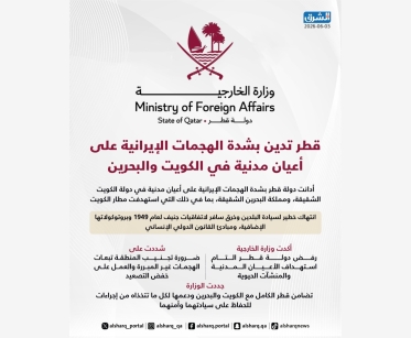قطر تدين بشدة الهجمات الإيرانية على أعيان مدنية في الكويت والبحرين 
