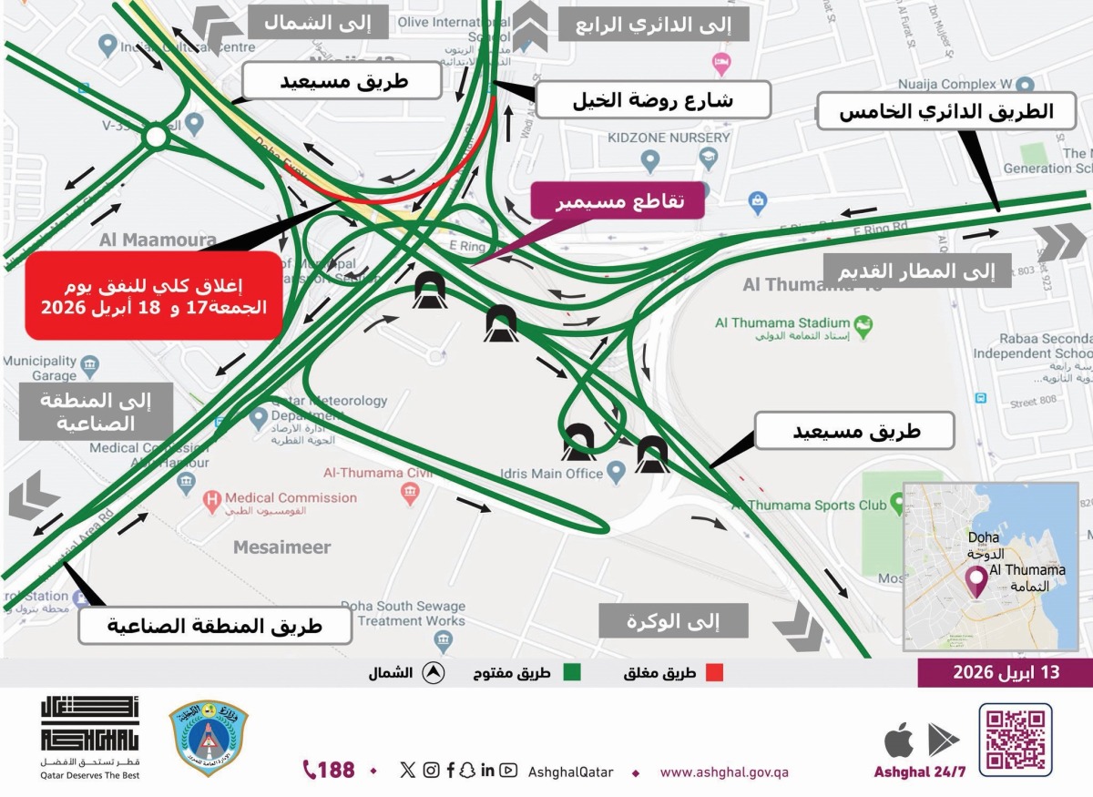 إغلاق نفق تقاطع مسيمير الجمعة والسبت