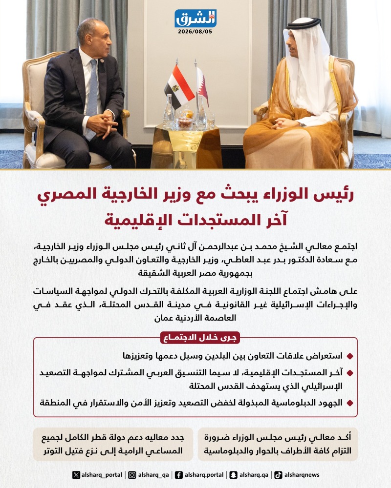 &rlm;رئيس الوزراء يبحث مع وزير الخارجية المصري آخر المستجدات الإقليمية